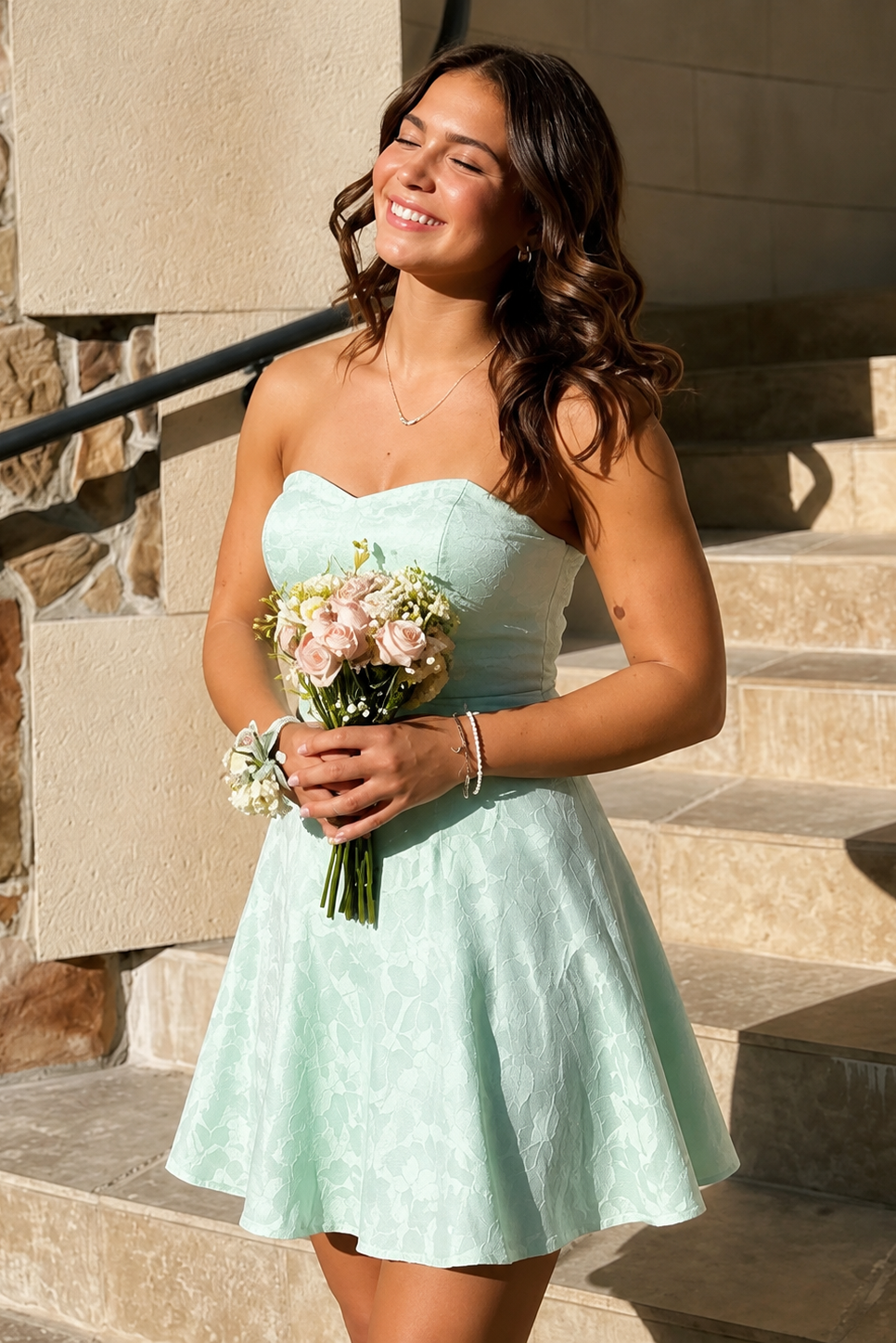 Green Strapless Empire A-Line Floral Appliques Party Homecoming Dress
