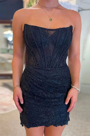 Black Sparkly Beaded Tight Strapless Lace Homecoming Dress