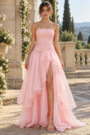 A-Line Strapless A-Line Tiered Party Prom Dress With Slit