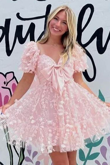 Short Puff Sleeves Pink A-line Babydoll Homecoming Dress | Joyofdress Short Puff Sleeves Pink A-line Babydoll Homecoming Dress | Joyofdress