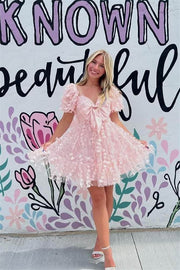 Short Puff Sleeves Pink A-line Babydoll Homecoming Dress