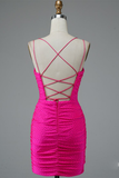 Fuchsia Bodycon Double Spaghetti Straps Sparkly Mini Homecoming Dress