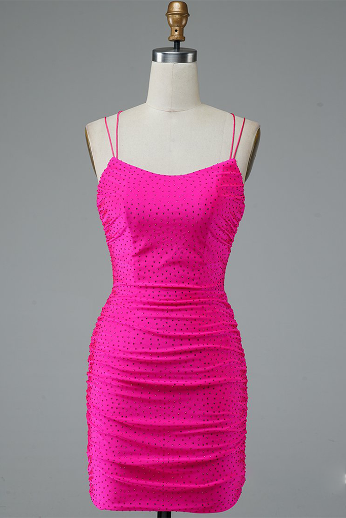 Fuchsia Bodycon Double Spaghetti Straps Sparkly Mini Homecoming Dress