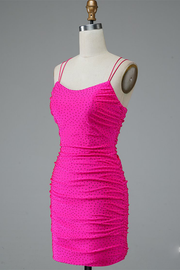 Fuchsia Bodycon Double Spaghetti Straps Sparkly Mini Homecoming Dress