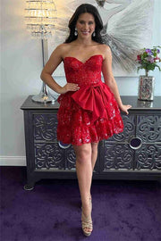 Red Corset Sequin Appliques Short Party Homecoming Dress with Bow