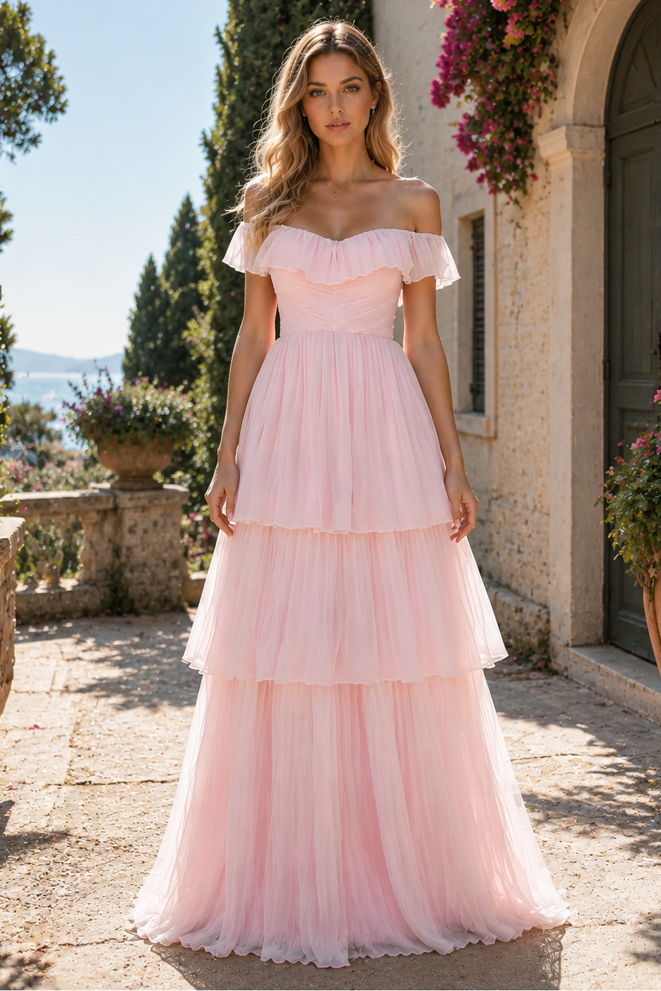 Romantic Off the Shoulder Chiffon Ruffle Tiered Prom Dress