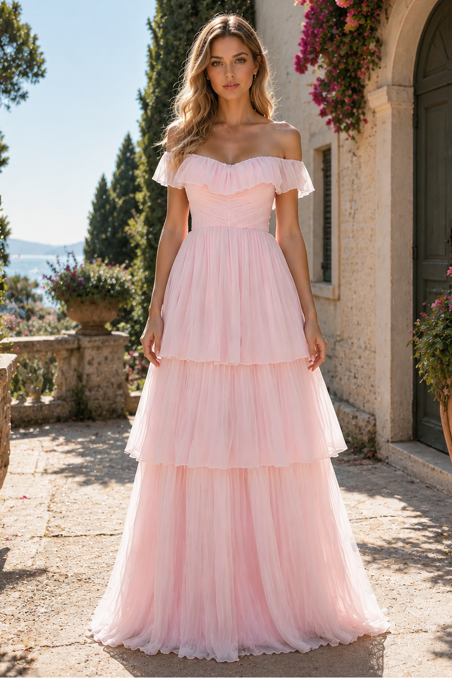 Romantic Off the Shoulder Chiffon Ruffle Tiered Prom Dress
