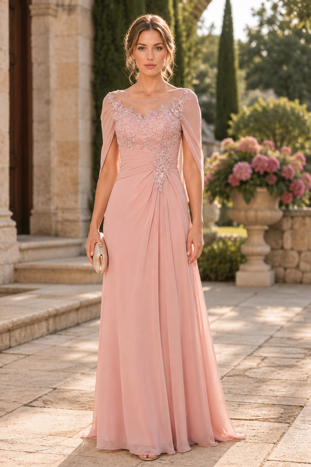 Pink Chiffon A-Line Scoop Shawl Lace Appliques Mother Of The Bride Dress