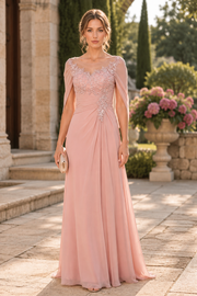 Pink Chiffon A-Line Scoop Shawl Lace Appliques Mother Of The Bride Dress