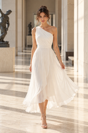 Chic One Shoulder Sleeveless Pleated Chiffon Midi Summer Wedding Dress