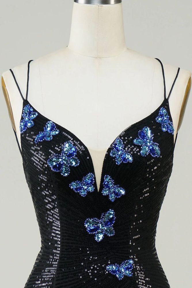 Black Glitter Tight Homecoming Dress With Sequins Butterflies