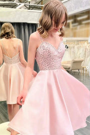 Pink Satin Beaded Short Cute A-Line Backless Party Prom Dress Homecoming Dresses