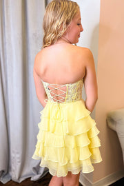 Yellow A-line Strapless Sweetheart Ruffle Tulle Homecoming Dress