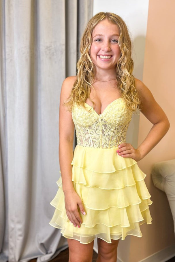 Yellow A-line Strapless Sweetheart Ruffle Tulle Homecoming Dress Pink / US 10 Yellow A-line Strapless Sweetheart Ruffle Tulle Homecoming Dress Pink / US 10