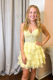 Yellow A-line Strapless Sweetheart Ruffle Tulle Homecoming Dress