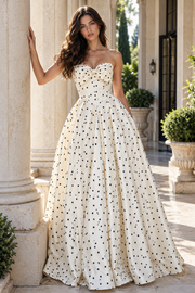 Bow Strapless Empire Polka Dot Satin A-Line Long Party Prom Dress