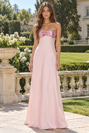 Sequin Top Sweetheart Strapless Open Back Satin Long Party Prom Dress