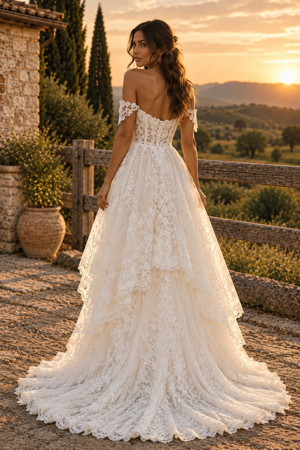 Sweetheart Off-Shoulder Lace A-Line High-Low Tiered Wedding Dress