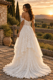 Sweetheart Off-Shoulder Lace A-Line High-Low Tiered Wedding Dress
