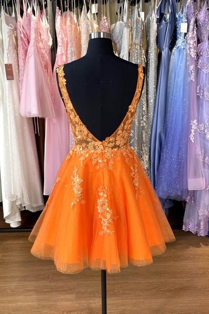 V Neck Flower Straps Appliques Mini Formal Dress Yellow / US 2