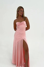 Spaghetti Straps Satin A-Line Party Prom Dress With Slit