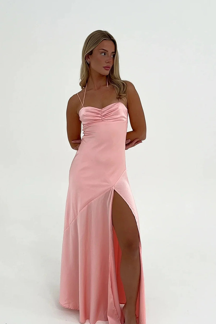 Spaghetti Straps Satin A-Line Party Prom Dress With Slit