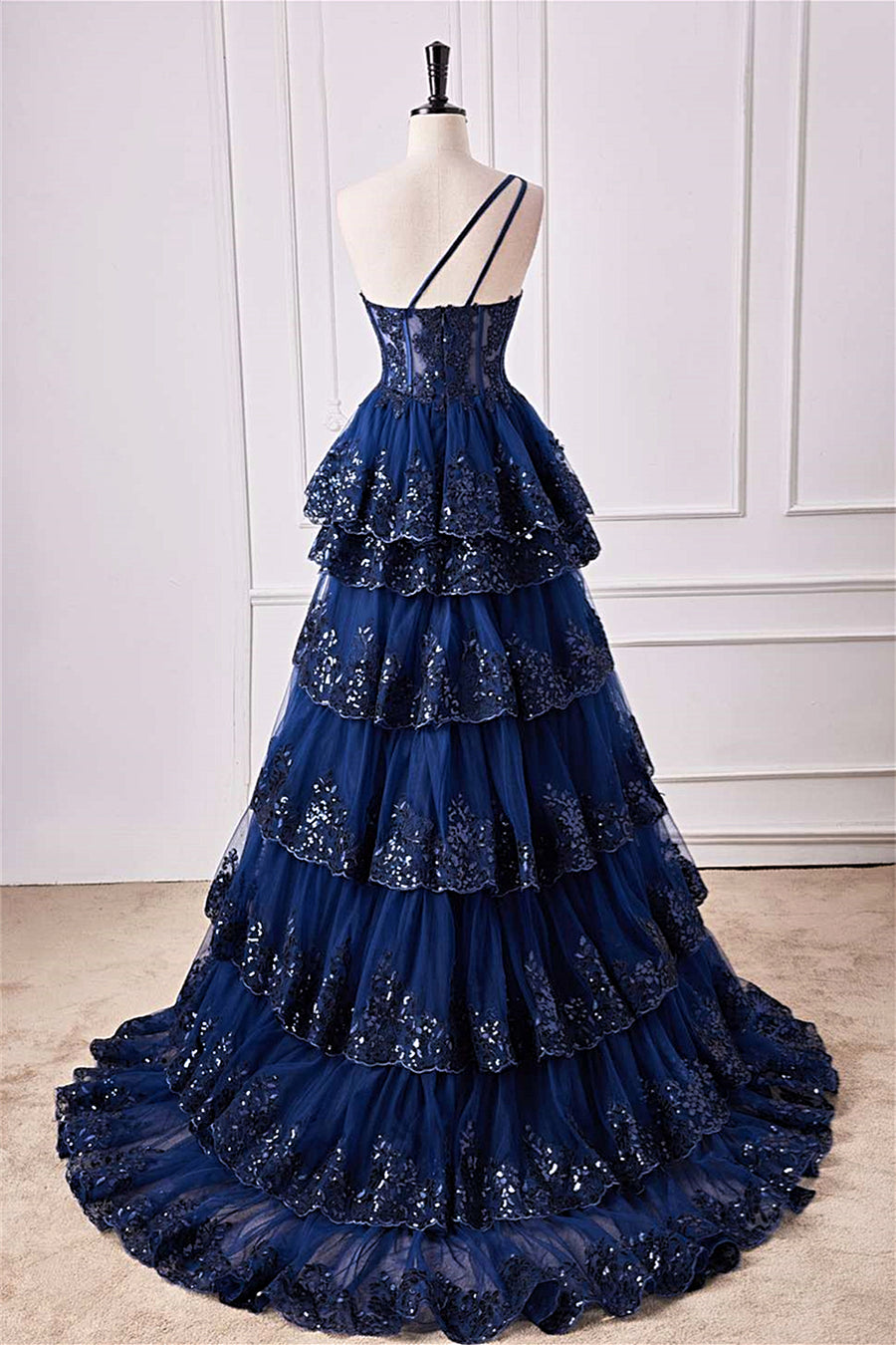 Dark Navy One Shoulder Layers Floral Long Prom Dress with Slit