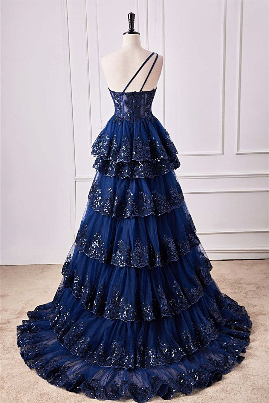 Dark Navy One Shoulder Layers Floral Long Prom Dress with Slit Dark Navy / US 8 Dark Navy One Shoulder Layers Floral Long Prom Dress with Slit Dark Navy / US 8