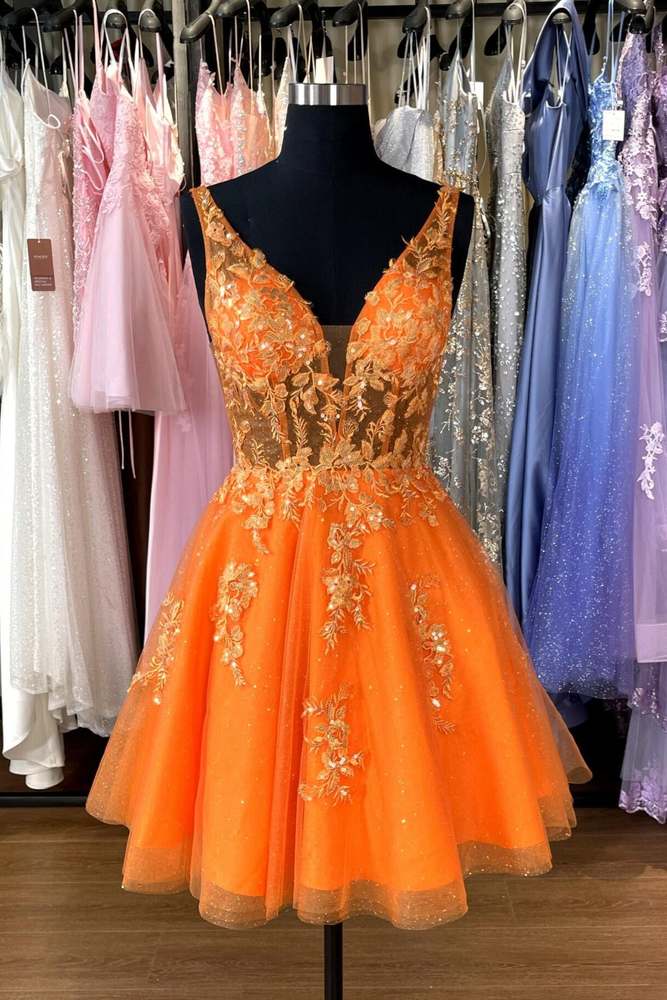 V Neck Flower Straps Appliques Mini Formal Dress Yellow / US 2