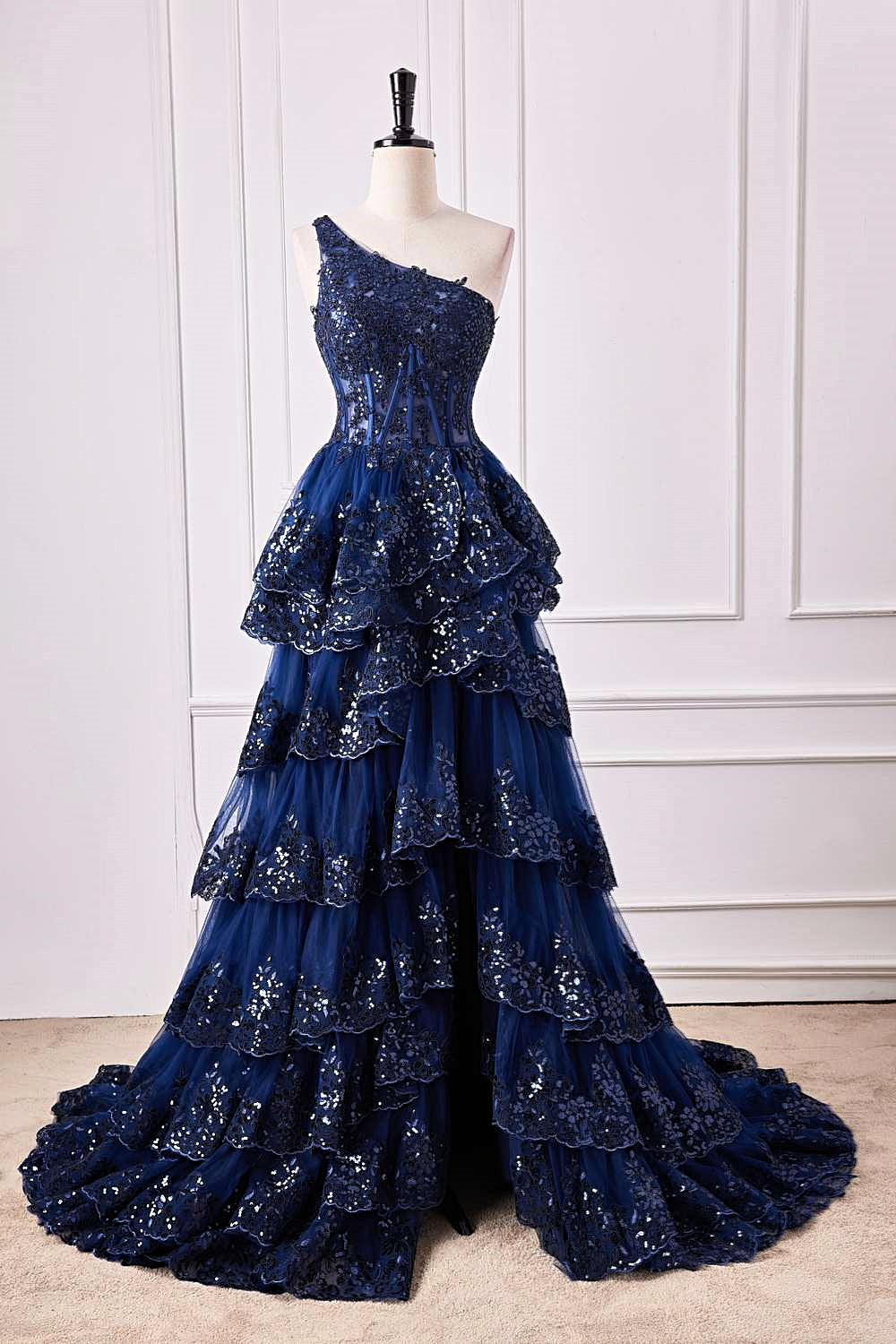 Dark Navy One Shoulder Layers Floral Long Prom Dress with Slit Dark Navy / US 8