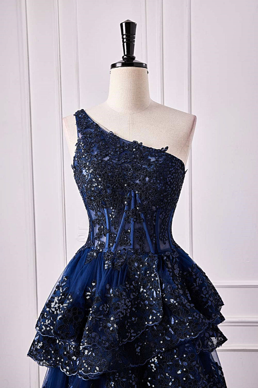 Dark Navy One Shoulder Layers Floral Long Prom Dress with Slit | Joyofdress Dark Navy One Shoulder Layers Floral Long Prom Dress with Slit | Joyofdress