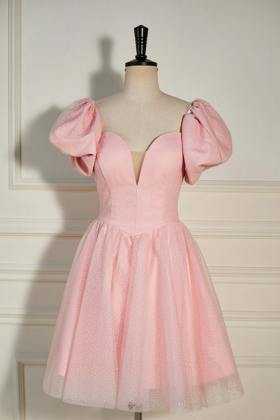 Pink Plunging V Neck Dot Lace-Up A-line Homecoming Dress Pink / US 12 Pink Plunging V Neck Dot Lace-Up A-line Homecoming Dress Pink / US 12
