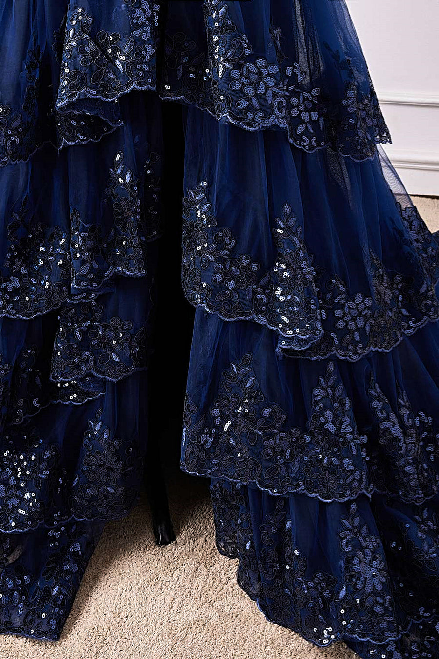 Dark Navy One Shoulder Layers Floral Long Prom Dress with Slit | Joyofdress Dark Navy One Shoulder Layers Floral Long Prom Dress with Slit | Joyofdress