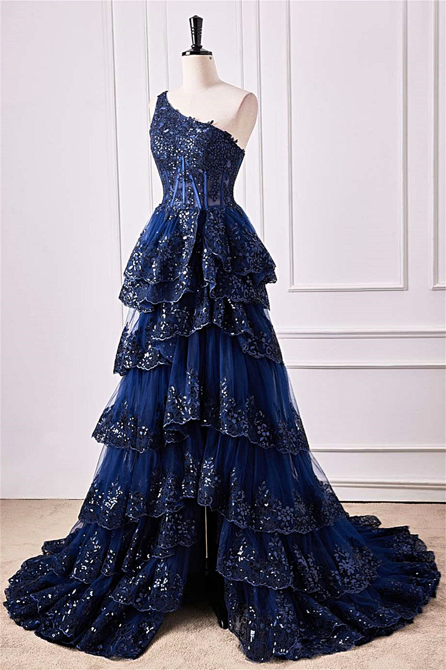 Dark Navy One Shoulder Layers Floral Long Prom Dress with Slit | Joyofdress Dark Navy One Shoulder Layers Floral Long Prom Dress with Slit | Joyofdress