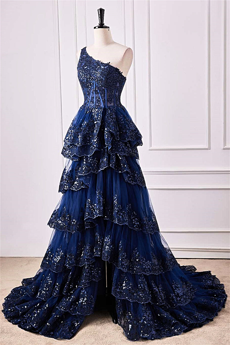Dark Navy One Shoulder Layers Floral Long Prom Dress with Slit