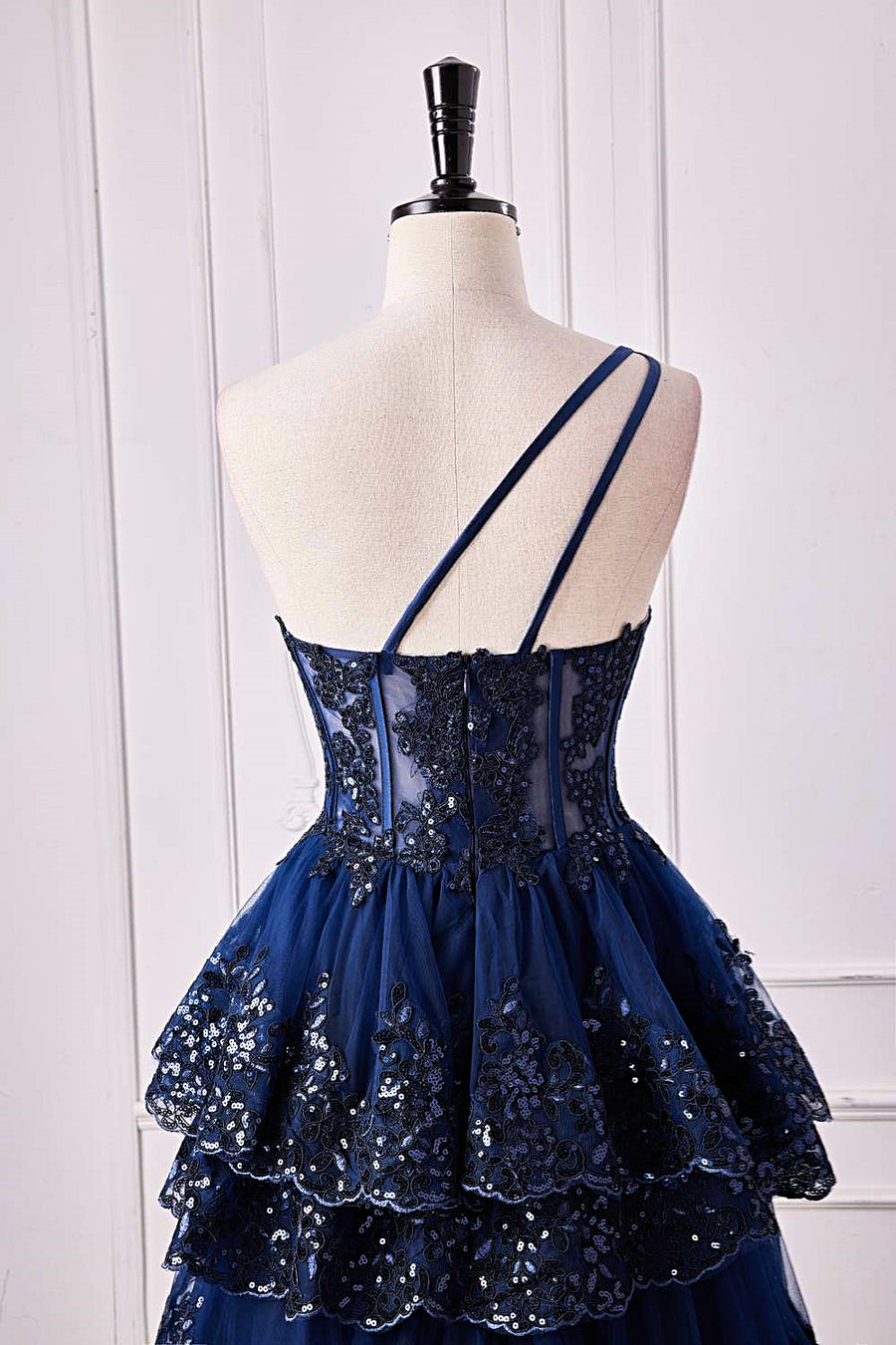 Dark Navy One Shoulder Layers Floral Long Prom Dress with Slit | Joyofdress Dark Navy One Shoulder Layers Floral Long Prom Dress with Slit | Joyofdress