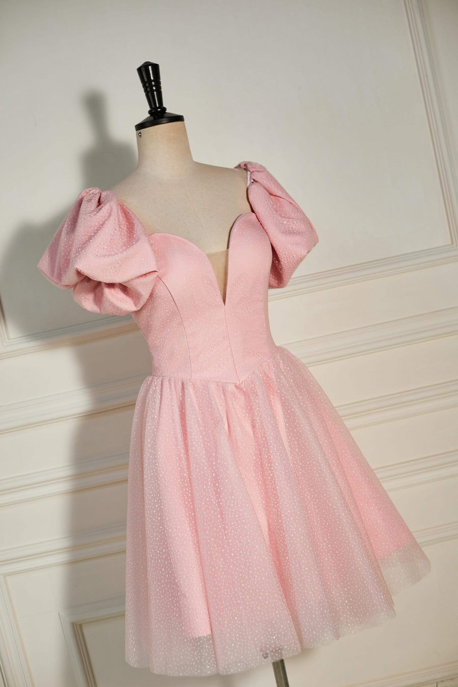 Pink Plunging V Neck Dot Lace-Up A-line Homecoming Dress