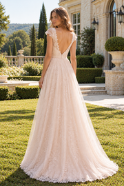 Square Cap Sleeves Backless Lace A-Line Elegant Long Wedding Dress