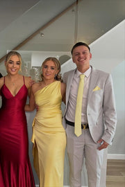 One Shoulder Sleeveless Satin Party Prom Dress With High Slit