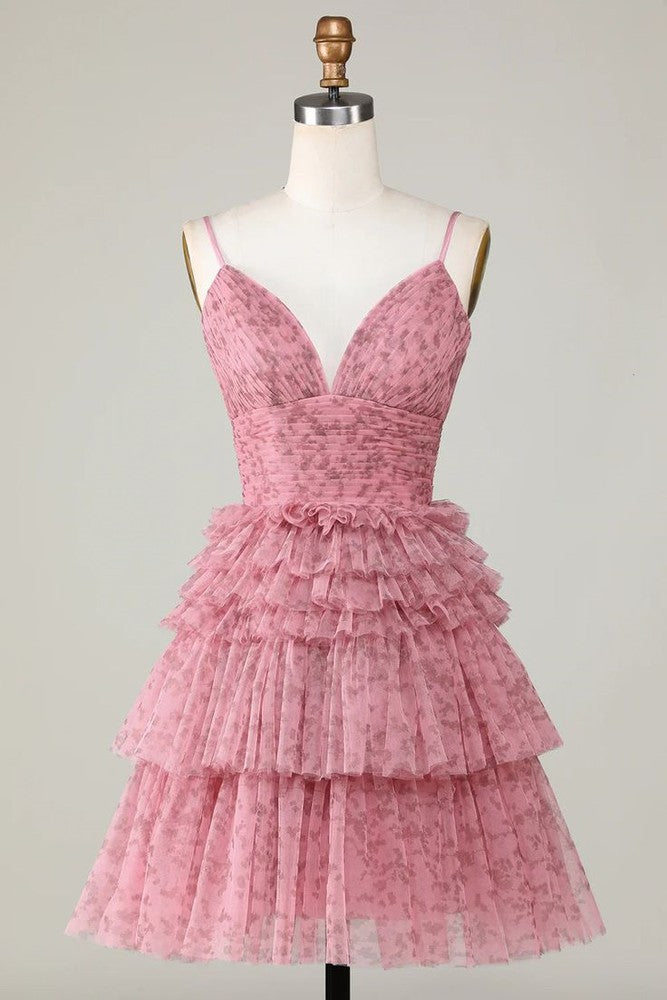 Cute A Line Spaghetti Straps Blush Homecoming Dress with Ruffles