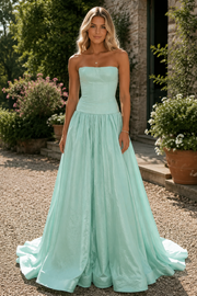 A-Line Strapless Satin Mint Green Long Party Prom Dress