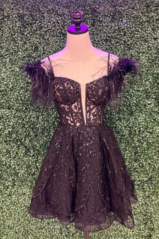 Black Off-the-Shoulder A-line Appliques Homecoming Dress with Feathers