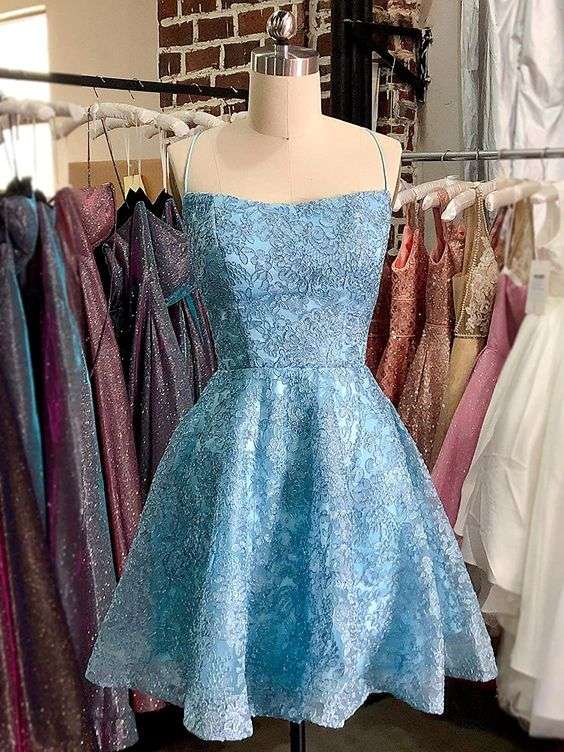 Blue Spaghetti Straps Mini Lace Party Gown Homecoming Dress Blue / US 16 Blue Spaghetti Straps Mini Lace Party Gown Homecoming Dress Blue / US 16
