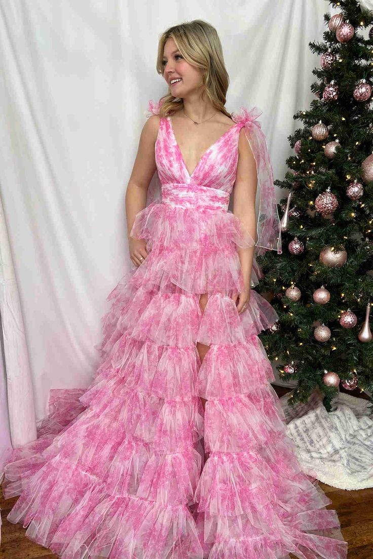 V-Neck Tie Straps Red Floral Print Layered Long Prom Dress Pink / 14 V-Neck Tie Straps Red Floral Print Layered Long Prom Dress Pink / 14