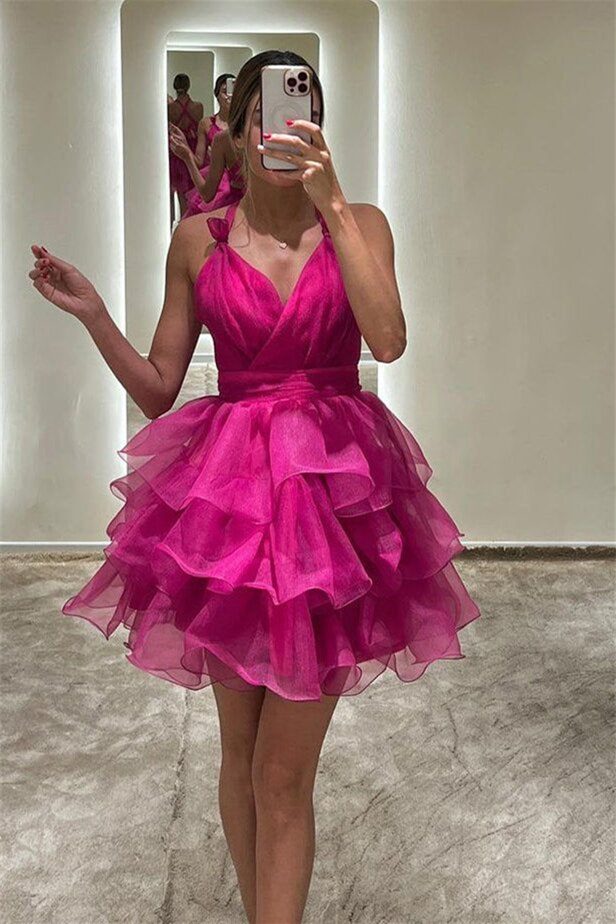 Purple Short Prom Dresses A Line Tiered V-Neck Homecoming Dress | Joyofdress Purple Short Prom Dresses A Line Tiered V-Neck Homecoming Dress | Joyofdress