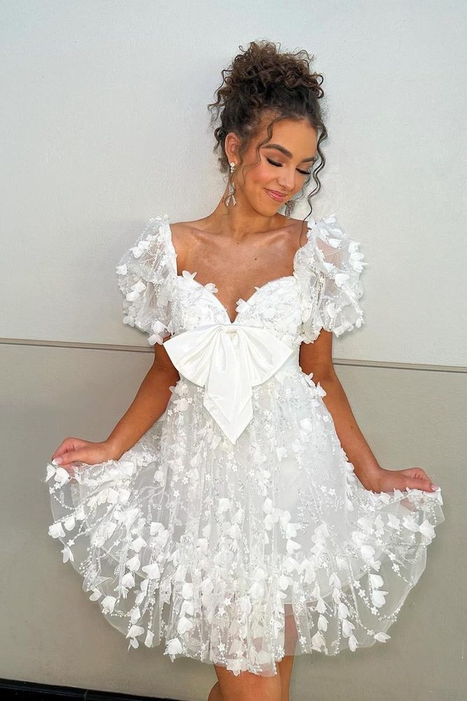Short Puff Sleeves Pink A-line Babydoll Homecoming Dress White / US 8 Short Puff Sleeves Pink A-line Babydoll Homecoming Dress White / US 8