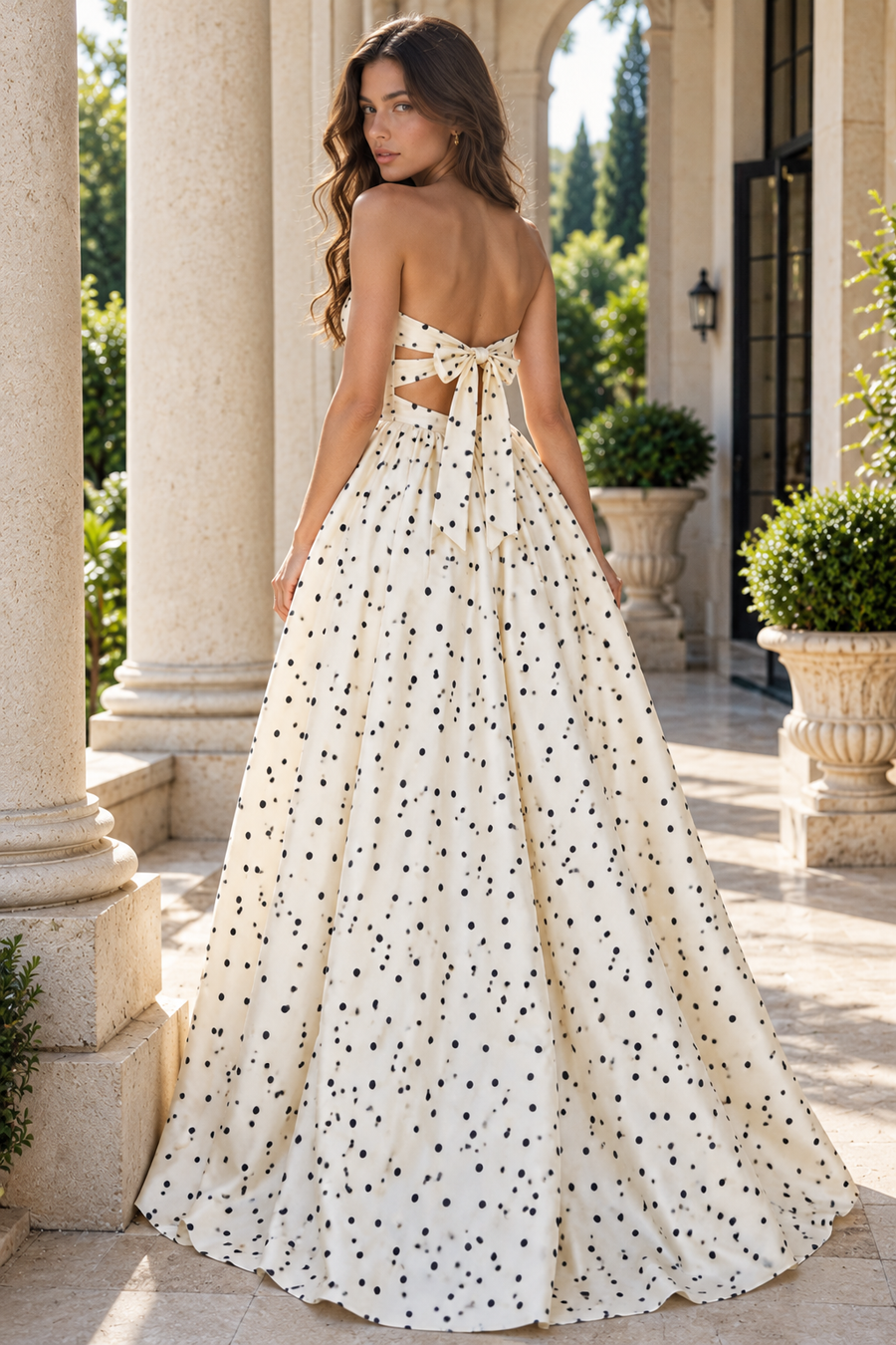 Bow Strapless Empire Polka Dot Satin A-Line Long Party Prom Dress