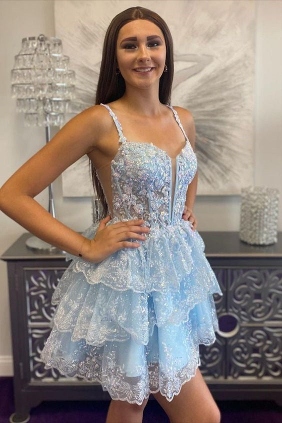 Straps Tulle Sequin A-Line Homecoming dress with Ruffle Skirt