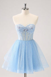 Blue Sequins A Line Sweetheart Corset Short Cocktail Homecoming Dress