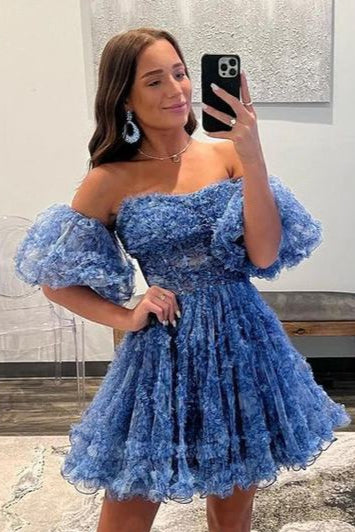 A Line Off the Shoulder Printed Above Knee with Ruffled Beautiful Homecoming Dresses